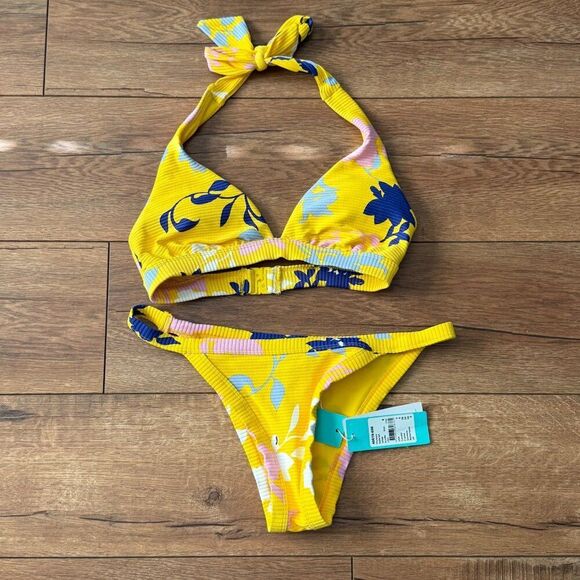 SEAFOLLY Florence Yellow Floral Ribbed Bikini Set Halter Tie Top Brazilian 4 - Picture 1 of 14